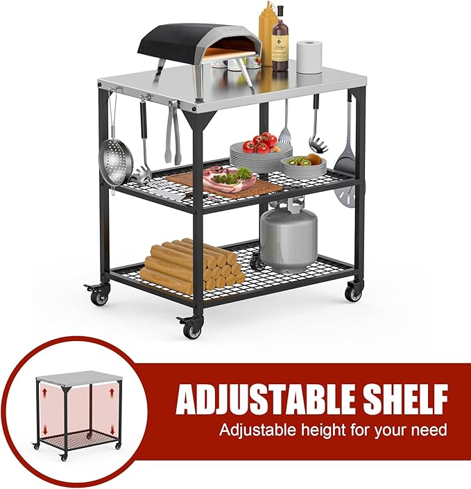 KEESHA Multi-Functional Stainless Steel Pizza Oven Stand Station 35.5 x31.5 x24'' Grill Trolley Stand for Outdoor Indoor Movable Dining Food Prep Cart with 3 Shelves for Ooni, Weber, Blackstone, Ninja