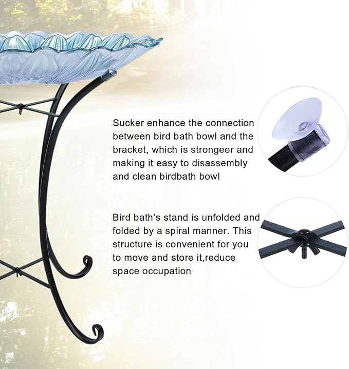 MUMTOP Outdoor Glass Birdbath with Metal Stand for Outside Yard Garden Decor, 18 inch Diameter Blue Bird Baths Bowl for Outdoors, 21 inch Height