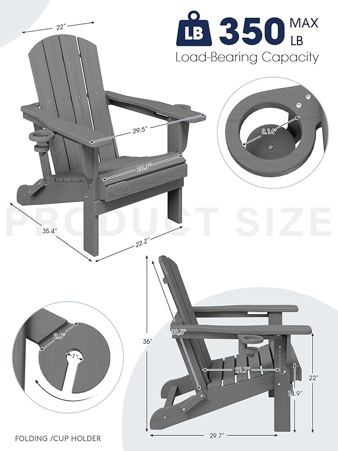 KINGYES Folding Adirondack Chair Set of 8, Dual Cup Holders & All-Weather HDPE, Wood-Like Patio Chair for Backyard, Camping, Pool & Fire Pit, Grey
