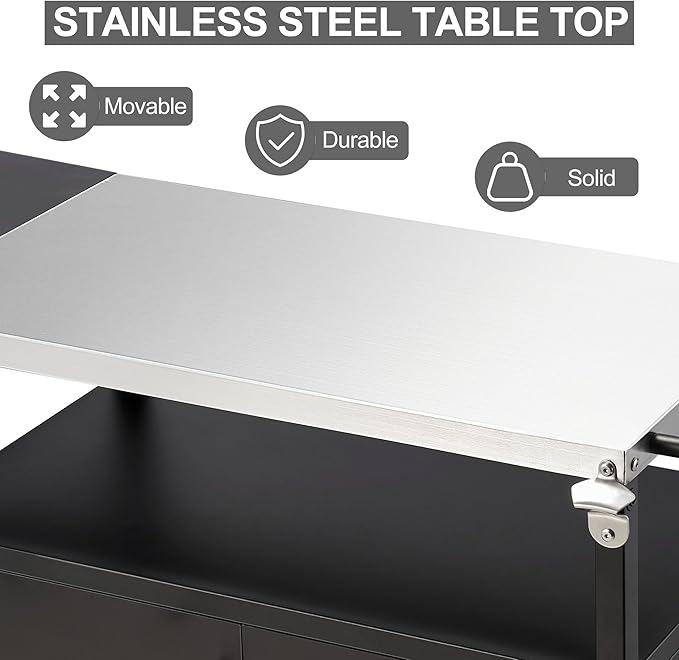 Spurgehom Outdoor Grill Cart, Pizza Oven Stand Table with Stainless Steel Top Movable Kitchen Cooking Prep Table BBQ Cart Kitchen Prep