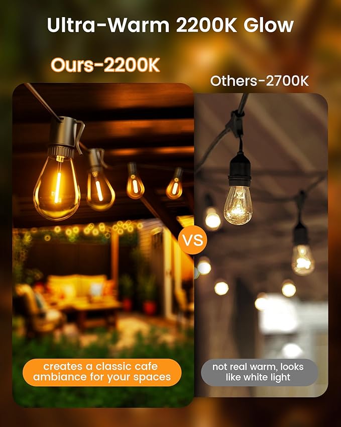 Torkase 100FT Outdoor String Lights LED, 30+2 S14 Shatterproof Bulbs, Dimmable Patio Lights, IP54 Waterproof Connectable for Pergola Lighting, Backyard, Porch,Weddings, Cafe, Party