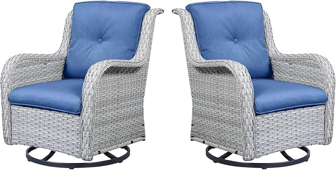 Outdoor Swivel Rcoker Patio Chairs - Outdoor Swivel Patio Chairs Set of 2 Wicker Chair Patio Furniture Sets with Covered Cushion for Porch Deck Balcony Garden, Blue Cushion