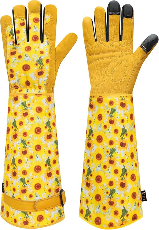 DLY Gardening Gloves for Women, Rose Gloves Gardening Thorn Proof, Long Garden Gloves for Women, Breathable Cowhide Leather Gauntlet (Small, Yellow
