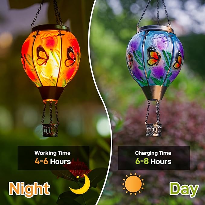 Butterfly Flower Solar Hot Air Balloon Lantern with Flame, Glass Balloon Lantern Outdoor Waterproof Lights, Hanging Solar Lights for Outside Garden Patio Porch Tree Yard Gift for Mom