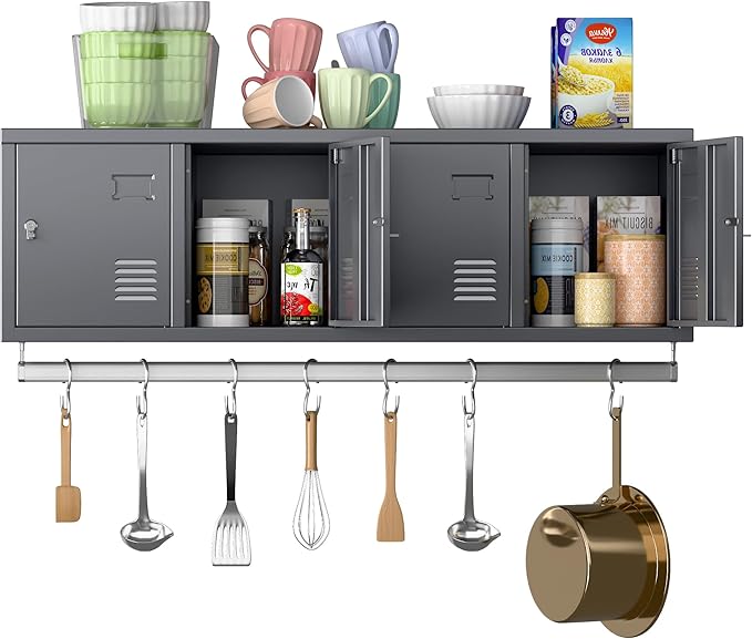 Metal 4 Doors Locker Cabinet with Hanging Rod, Wall-Mounted Storage Lockers for Home, Office, Garage, Storage, Assembly Required, Dark Gray