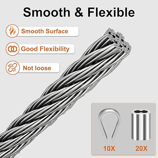 1/8" wire cable, 100ft Wire Rope Metal Cable With Loop Sleeve And Steel Thimble, 7x7 marine stainless steel Strand Core Perfect For Deck Railing System, Outdoor hanging kit, garden fence (SR03)