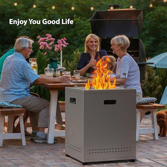 20" Square Smokeless Propane Fire Pit Table, 50,000 BTU Portable Outdoor Patio Heater with Lava Rocks, Glass Wind Guard & Cover for Deck, Backyard, Garden, Camping (Grey)