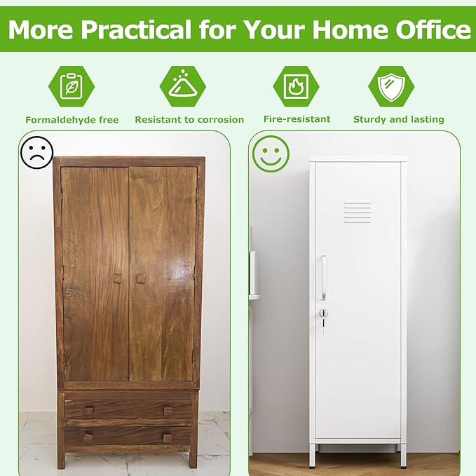 47" Metal Storage Locker, Lockable Employees Metal Locker with Door and Adjustable Shelves, Steel Locker for Home, School, Office, Gym (White)