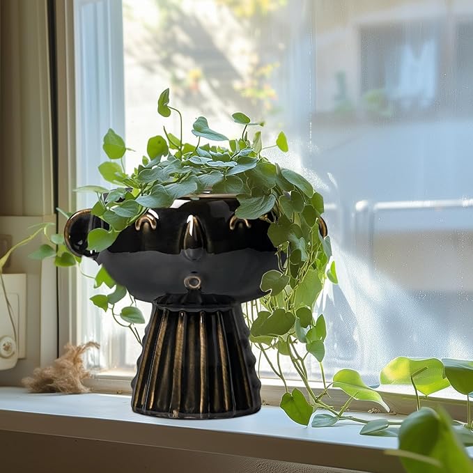 Head Planter 7 Inch - Ceramic Face Planters with Drainage Hole, Funny Succulent Pots for Indoor Outdoor, Cute Decorative Plant Pot, Desk Office Room Home Decor, Black