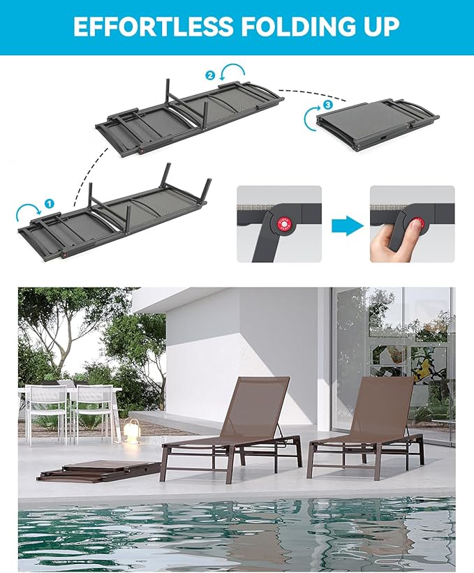 Aluminum Chaise Lounge Chair Outdoor, Foldable Patio Lounge Chair 2 Sets Assemble-Free, Pool Lounge Chairs with 5 Adjustable Backrest, Outdoor Lounge Chairs for Outside Poolside Beach Lawn Brown