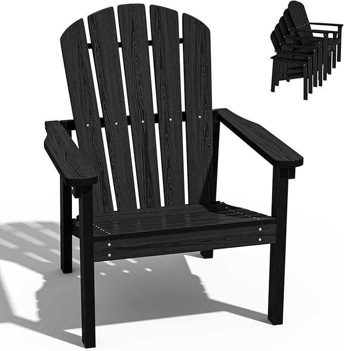 Stackable Adirondack Chair, HDPE Outdoor Patio Chair - Durable and Space Saving, Suitable for Porches, Lawns or Garden, Black