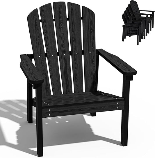 Stackable Adirondack Chair, HDPE Outdoor Patio Chair - Durable and Space Saving, Suitable for Porches, Lawns or Garden, Black
