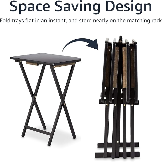 Amazon Basics Portable TV Dinner 4-Pack Rectangular Folding Tray Table with Storage Rack, Black, 15" x 19" x 26"