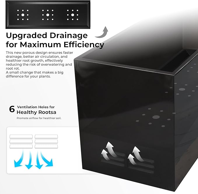 Worth Garden Metal Planter Box - 30" L x 11" W x 13" H Glossy Black Heavy Duty Large Rectangular Steel Modern Plant Pot, Indoor Outdoor - Insert Plate with Drain Holes, Air Vents, No Assembly Required