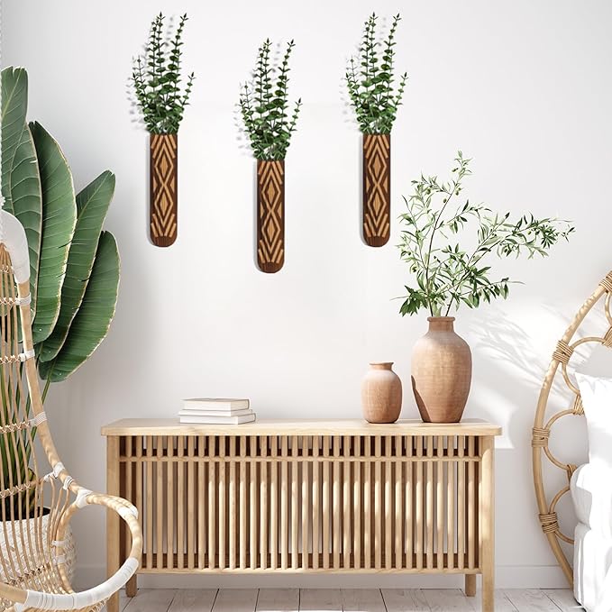 Wooden Wall Planter Set of 3 - Modern Bohemian Home Decor for Living Room, Bedroom, Bathroom - Versatile Walnut Finish Planter for Dried Flowers, Faux Greenery, and Indoor Plants