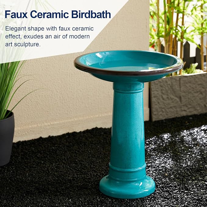 Glitzhome 21.5" H Plastic Turquoise Faux Ceramic Bird Bath for Outside, Hand-Painted Tall Pedestal Birdbath in Weather Resistant for Outdoor Patio Garden Backyard Decking
