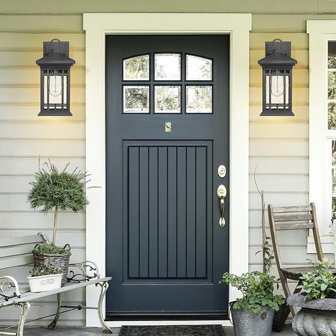 Outdoor Porch Lights Wall Mount, 12.4 Inch Outdoor Wall Lantern With E26 Sockets & Seeded Glass, Classic Exterior Lighting Fixtures, Waterproof Porch Light Fixtures For Garage (Bulbs Not Include)