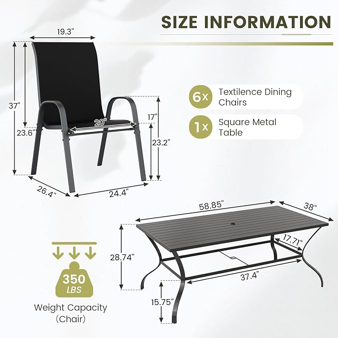 UDPATIO Patio Dining Set of 7, Outdoor Table and Chairs Set with Square Metal Table, 6 Stackable Patio Chairs with High Back, Outdoor Furniture for Deck Garden Backyard Lawn Poolside (Black)