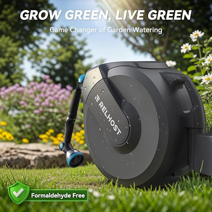 Retractable Garden Hose Reel 100 ft x 5/8 in, Heavy Duty Hose Reel Wall Mount with Any Length Lock, Auto Rewind System, 180° Swivel Bracket, 10-Pattern Garden Hose Nozzle, Dark Grey