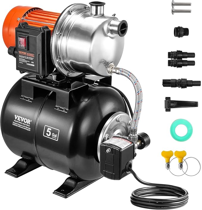 VEVOR 1 HP Shallow Well Pump with Pressure Tank, 1000 GPH, Automatic Irrigation Water Booster Pump with 130 ft Head Lift 20/40 PSI Pressure Switch, 304 Stainless Steel Pump Head for Home Garden Lawn