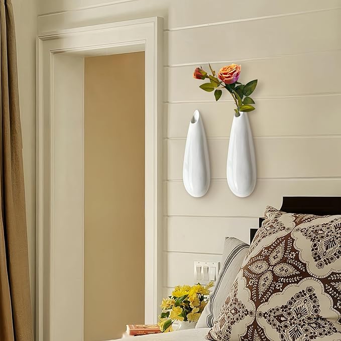 2 Pack White Ceramic Wall Vases,11.8 Inch Wall Hanging Plant Holder,Cubicle Modern Decor Plant Holder Vase for Indoor Plants, Hanging Propagation Flower Pots for Air Vases