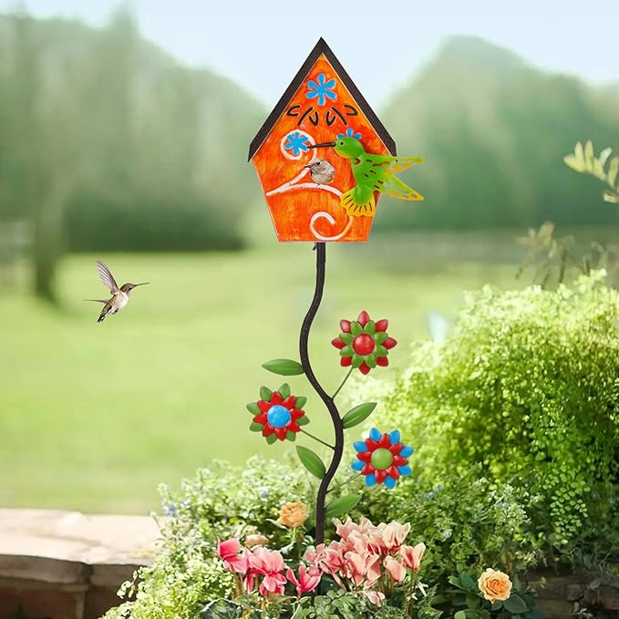 51” Bird Houses Stake for Outside, Metal Wild Bird Feeder Birdhouse Stake Pole with Hummingbird Design Outdoor Decorations for Patio, Backyard, Garden