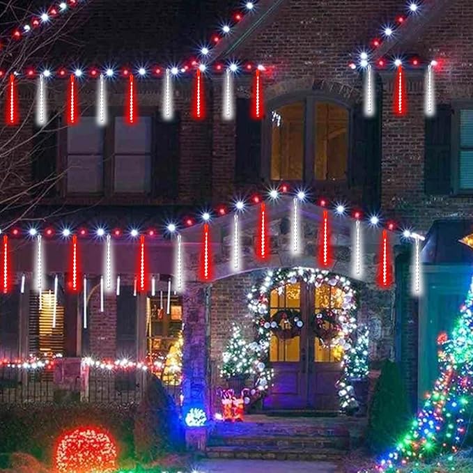 Solar Meteor Shower Lights Outdoor Waterproof, Christmas Decorations Lights Solar Powered, 16 Tubes 384LED Rain Drop Lights, Snow Cascading String Lights for Tree Party Garden Decor (Red and White)