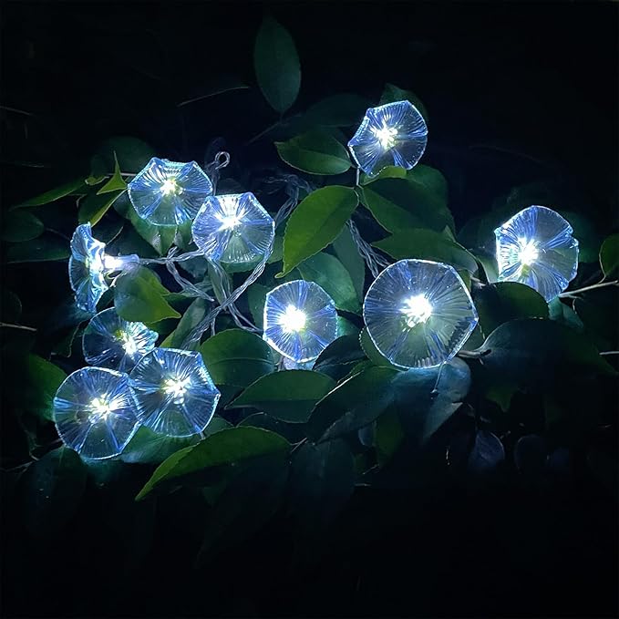 Solar Flowers Outdoor Waterproof - Petunia Blue Morning Glory Flowers&Solar Moth Orchid String Lights 12.5ft 10 LED Phalaenopsis Flower Solar Fairy Lights