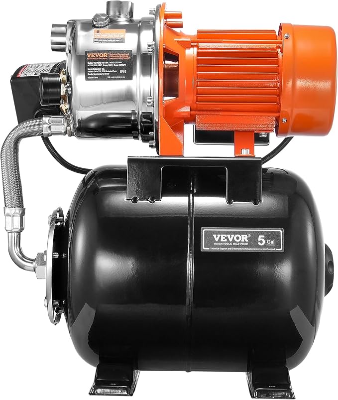 VEVOR 1.6 HP Shallow Well Pump with Pressure Tank, 1320 GPH, Automatic Irrigation Water Booster Pump with 30/50 PSI Pressure Switch for Home Garden Lawn, Certification for Drinking Water Security