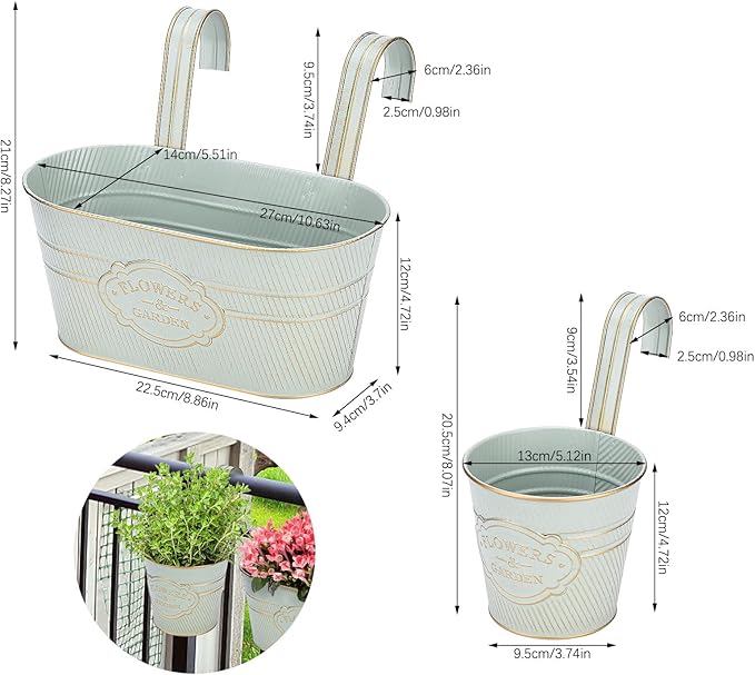 PerGar Vintage Metal Iron Wall Hanging Flower Pots, Rustic Planter Bucket Herb Flower Plant Holder with Detachable Hooks & Drainage Hole for Railing Fence Balcony Deck Garden Home Decoration, Set of 3