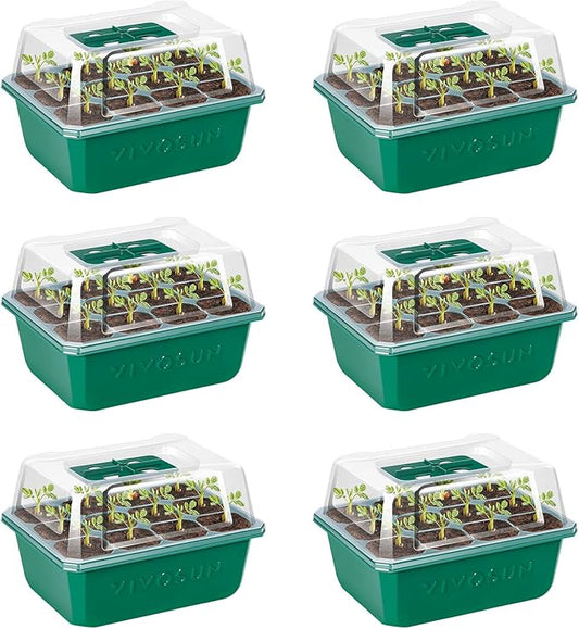 VIVOSUN 6-Pack Seed Starter Trays, 72-Cell Seed Starter Kit with Humidity Dome, Flat Reusable Plant Germination Trays with Drain Hole, Green Propagation Tray for Planting Seeds