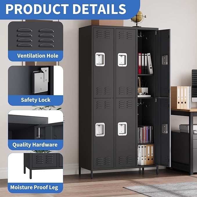 6 Doors Employee Lockers for Office, Metal Sorage Locker Combination, Lockable Employees Metal Locker With Door, Industrial Storage Lockers for Home, School, Gym