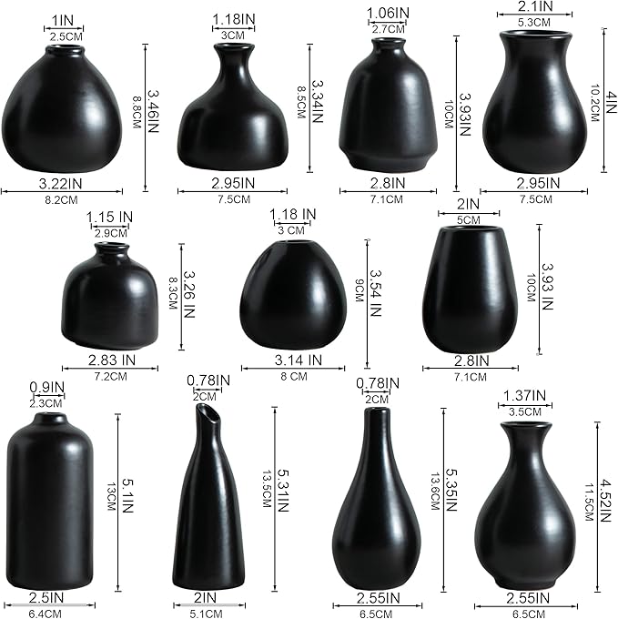 JOJUNO Black Bud Vases, Small Ceramic Vase Set of 11, Mini Pottery Vases for Flowers, Decorative Pieces for Home Modern Decor, Boho Decor, Chic Accents for Living Room Dining Table Shelves