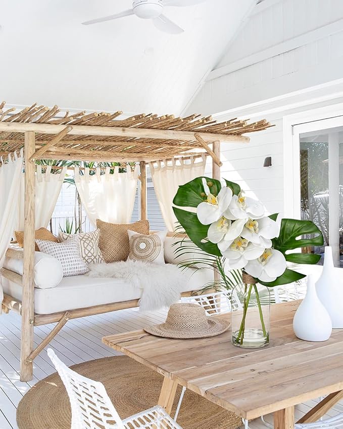 Artificial Monstera Plant and Fake Orchid in Glass Vase, 13.8" Real Touch Fake Plant Tropical Leaves Orchids Artificial Flowers with Faux Water for Home Bathroom Kitchen Office Centerpiece Room Décor