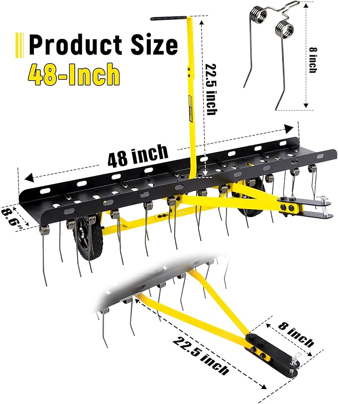 48 Inch Tow Behind Dethatcher, Pull Behind Lawn Dethatcher with 24 Spring Steel Tines, Grass Dethatcher, Removes Thatch, Riding Lawn Tractor for Large Lawns, Yard and Garden Care