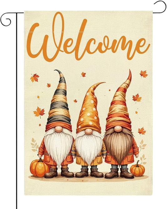 Welcome Fall Garden Flag Autumn Gnomes Garden Flag 12x18 inch Double Sided Fall Thankful Maple Leaves Flags Holiday Decorations for Yard Lawn Patio (Flay 1809)