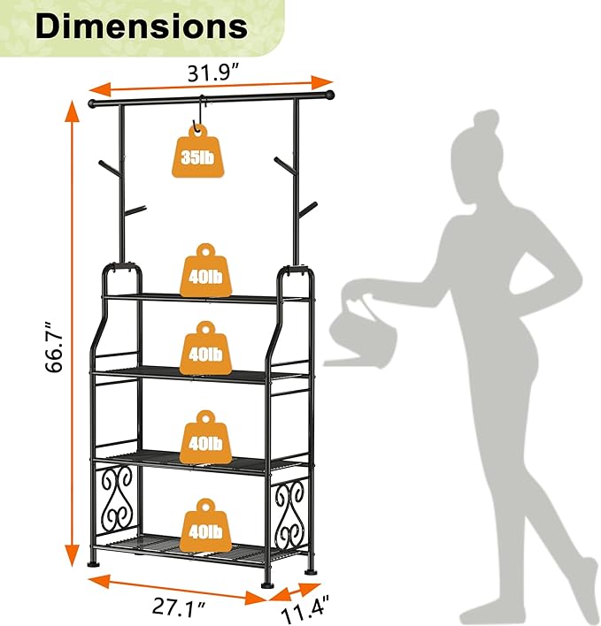 GIOTORENT Plant Stand Indoor Outdoor, 4-Tier Heavy Duty Metal Shelves, Display up to 17 Multiple Plants, Tall Plant Holder with Plant Hanger, Suit for Patio Living Room Garden Balcony, 5 Hooks, Black