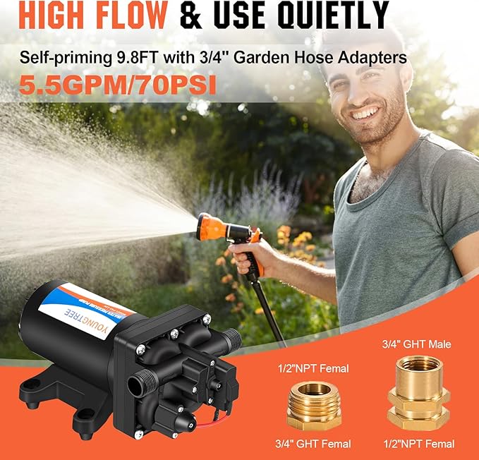 YOUNGTREE RV Fresh Water Pressure Pump 12V 5.5GPM 70PSI, On Demand Self Priming Water Pump 12Volt include 3/4" Garden Hose Adapters for Yacht Agricultural Irrigation Spraying Kitchen