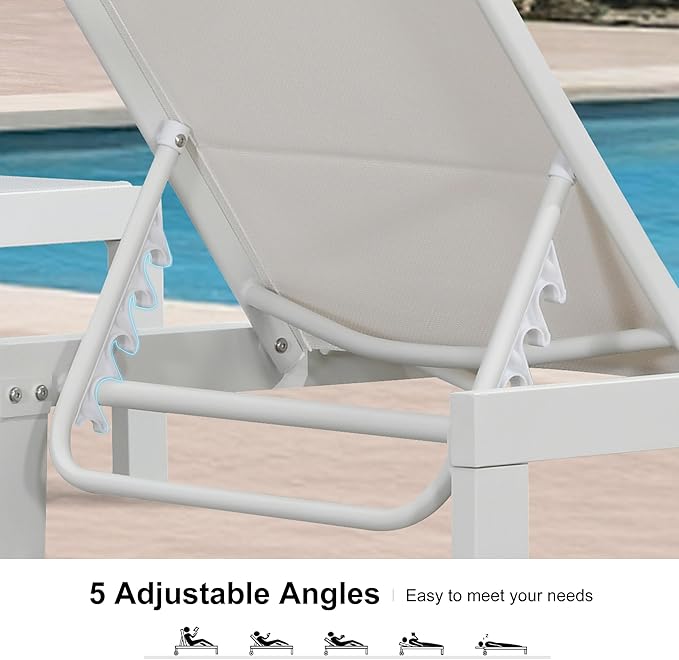 PURPLE LEAF Outdoor Chaise Lounge Set Staight Legs Adjustable Sunbathing Recliner with Side Table for Poolside Beach Outside Patio Aluminum Chaise Lounger Cream