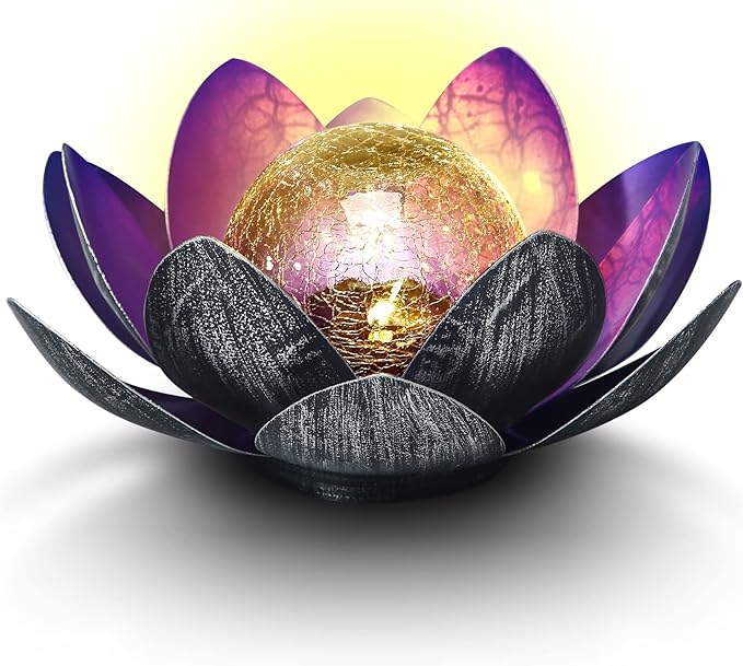 WNP Solar Powered Outdoor Decorative Lights Waterproof Lotus Flower with Crackle Glass Globe and Metal Base for Garden Patio Pathway Yard Tabletop Decor,Birthday Gift for Mom Sister Grandma