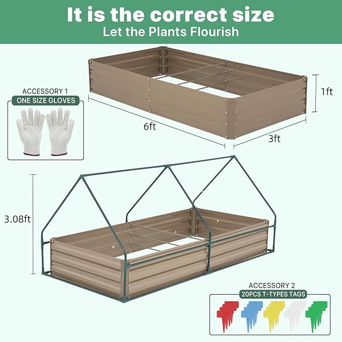 Metal Raised Garden Bed with Greenhouse 2 Large Zipper Windows Dual Use,Galvanized Steel Raised Garden Bed for Gardening Vegetables Fruit,20pcs T-Types Tags & 1 Pair of Gloves,6x3x1FT,Brown