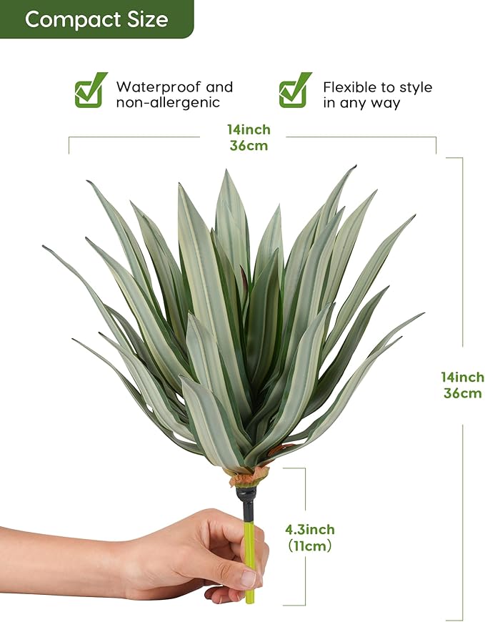Velener Artificial Outdoor Agave Plants, Light Green Outdoor Faux Plants with Broad Sword-Shaped Leaves, Small Size UV Resistant Fake Agave Plants for Indoor and Outdoor Decor(14 Inch)-2 Pack