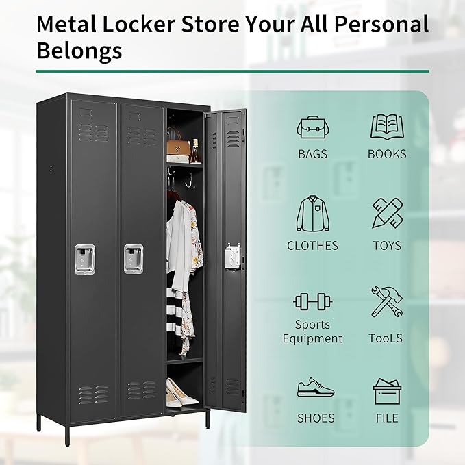 Metal Lockers for Employees, Storage Employee Locker, 72" Storage Lockers with Shelves Steel Cabinet for Home (Black, 3 door-72'')