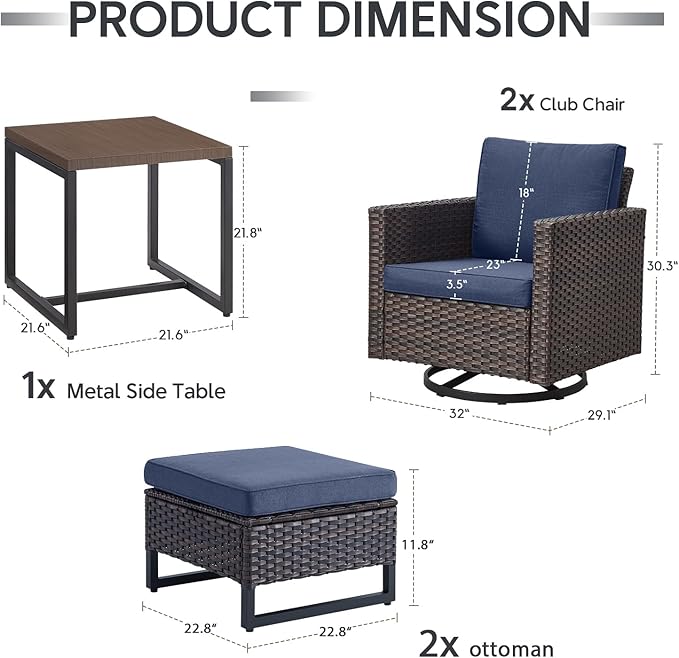 Outdoor Swivel Rocker Chairs - 5 Piece Patio Bistro Set Wicker Patio Rocking Chairs Set with Side Table and Ottomans, 360° Swivel Glider Proch Furniture for Balcony Deck - Brown/Blue