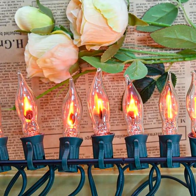 12.8Ft C7 Christmas Lights Flickering Flame String Lights with 12 Pack Clear Flame E12 Light Bulbs(2 Spare), Great for Christmas Decorations Indoor Outdoor Home Patio Party Lights, Green Wire