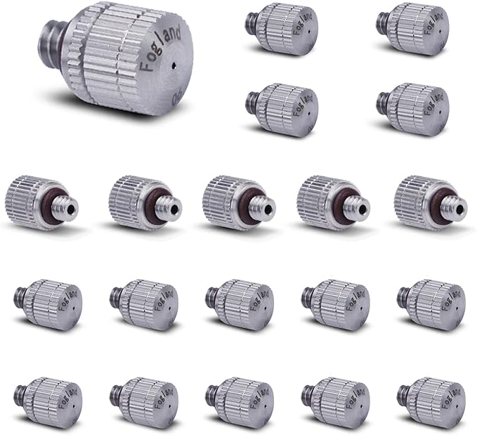 Fogland Misting Nozzles for Cooling System:20pcs Clogging-Prevent Cleanable Stainless Steel Mist Nozzles 0.024" Orifice 10/24 UNC for Patio Garden Trampoline