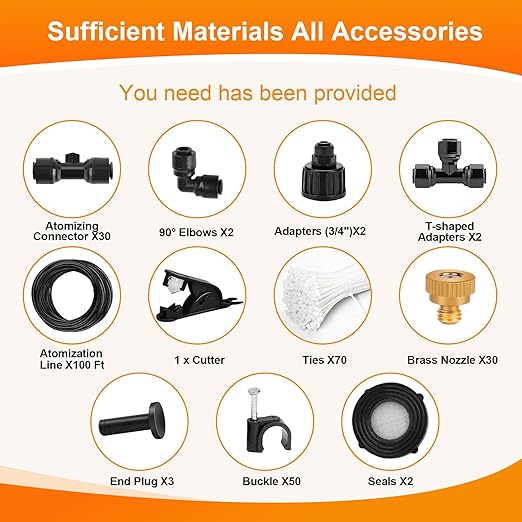 Misters System, 100FT DIY Outdoor Misting Cooling System Comprise +2 PE Adapters3/4+30 Brass Mist Nozzles+2 Tee Adapters+2 90 Degree Elbows, for Garden, Outside Patio Pasture and waterpark