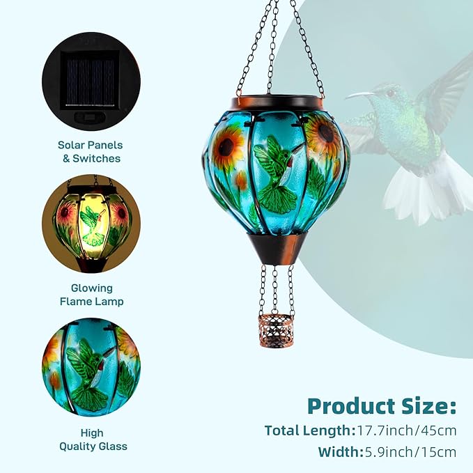 Hummingbird and Sunflower Solar Hot Air Balloon Lantern with Flame, Glass Hot Air Balloon Solar Lantern Outdoor Waterproof, Hanging Solar Lantern for Outside Garden Patio Tree Porch Yard