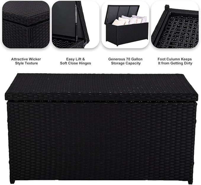 Outdoor 70 Gallon Wicker Storage Box with Waterproof Liner, Patio PE Rattan Storage Container for Outside, Deck Box with Hinged Lid for Cushions, Pillows, Towels, Horizontal Bin, Black