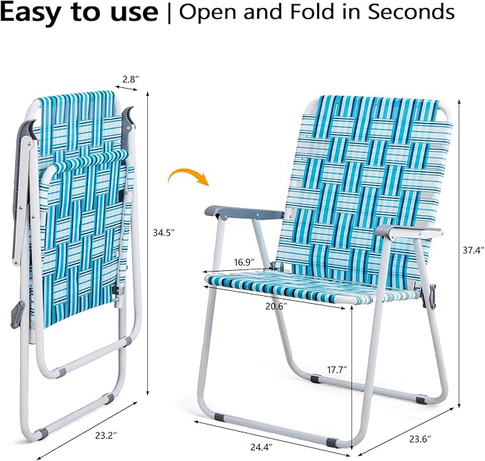 VINGLI Patio Lawn Webbed Folding Chairs Outdoor Beach Portable Camping Chair for Yard, Garden (2, White & Blue, Oversized)
